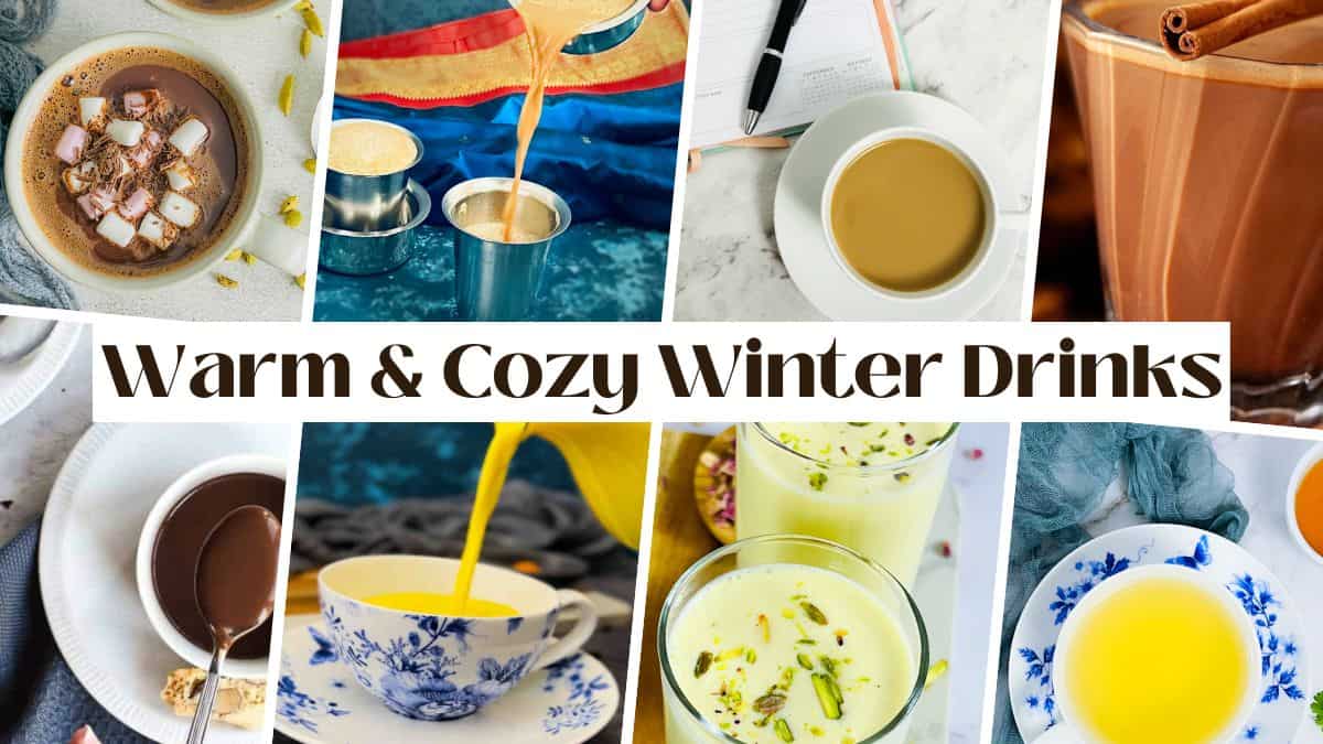 Collage of warm winter drinks.