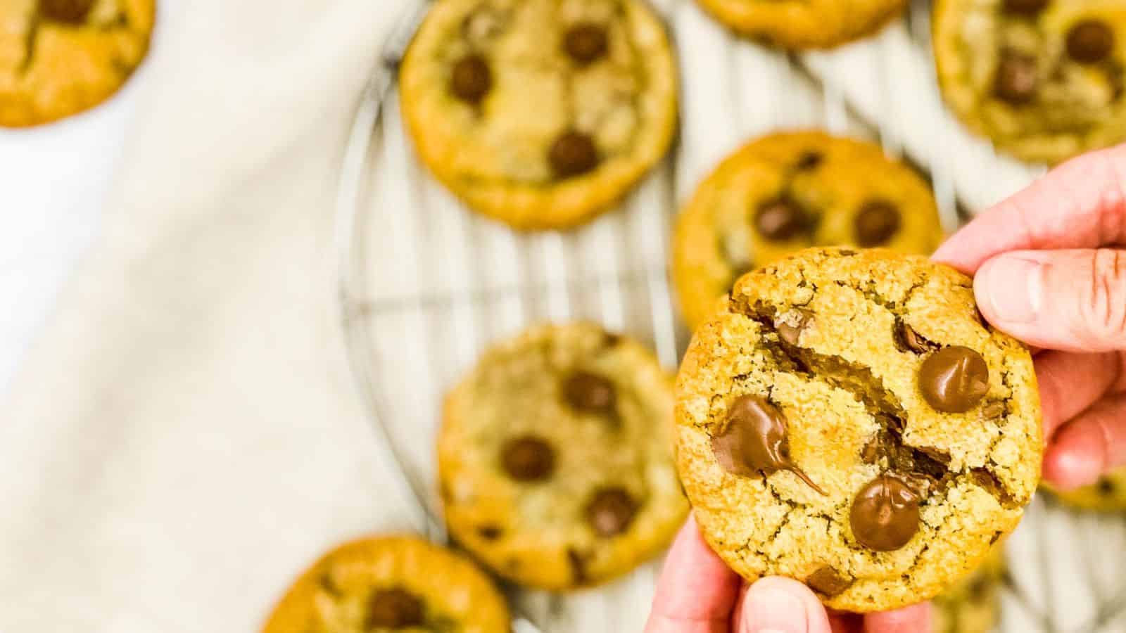 A hand holding a chocolate chip cookie on a cooling rack.