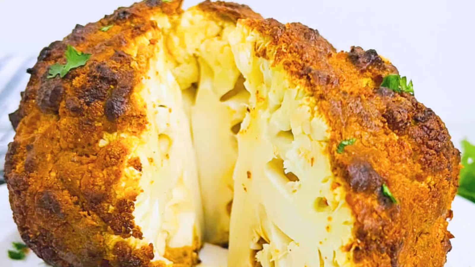 Whole roasted cauliflower with a golden-brown crust, garnished with fresh herbs, displayed up-close.