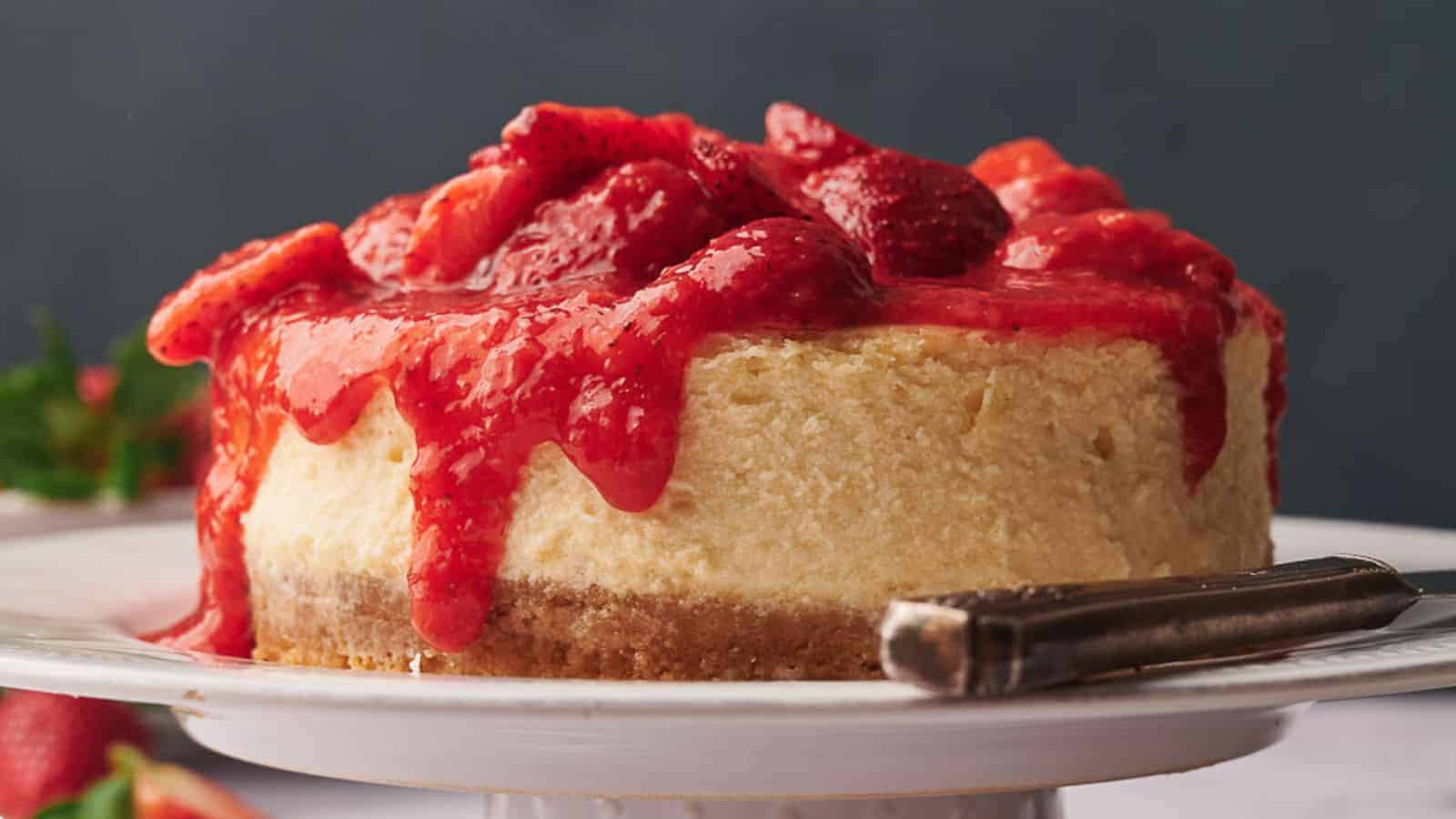 Strawberry cheesecake on cake stand.