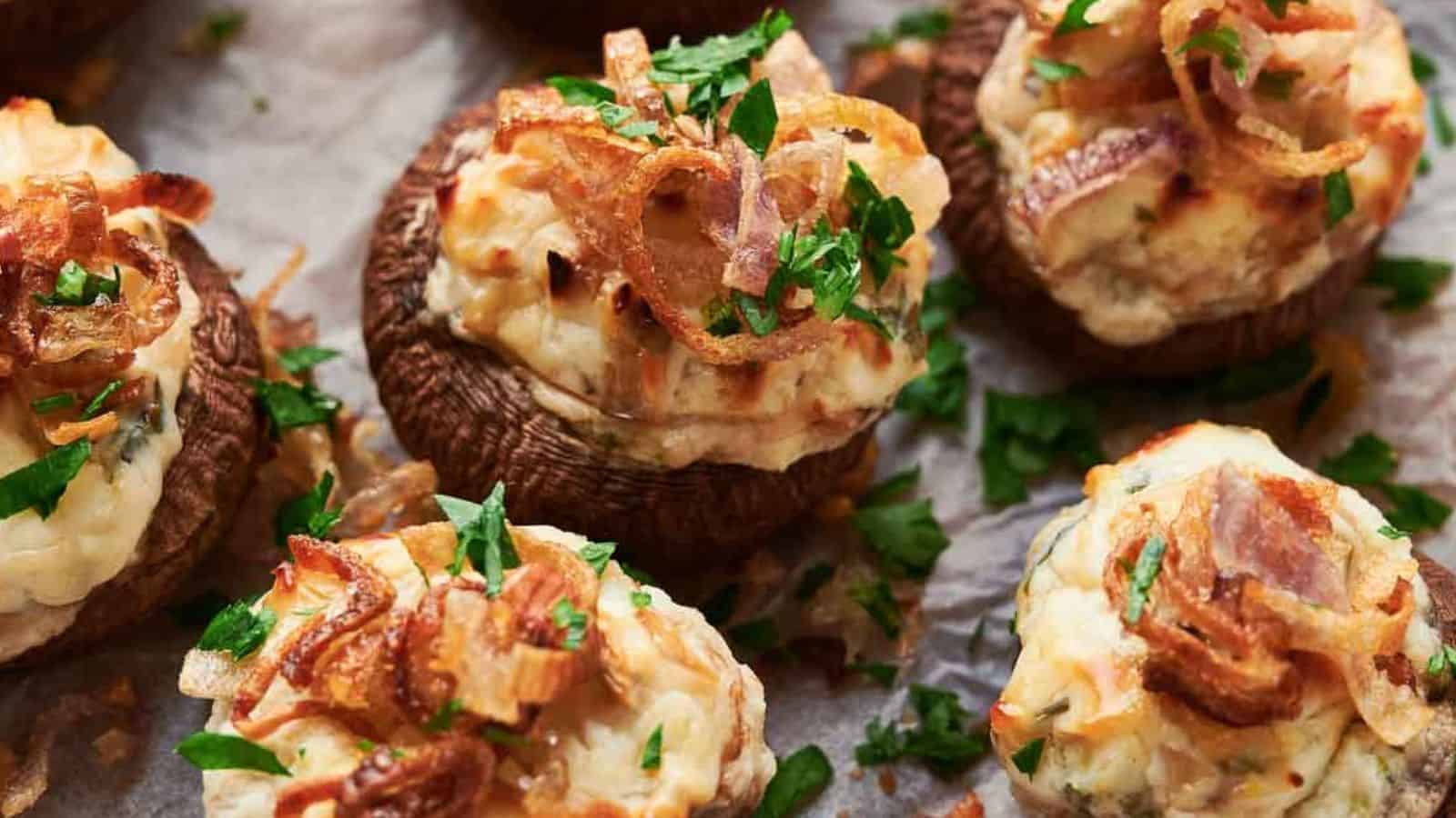 Stuffed mushrooms with crispy shallots and parsley.