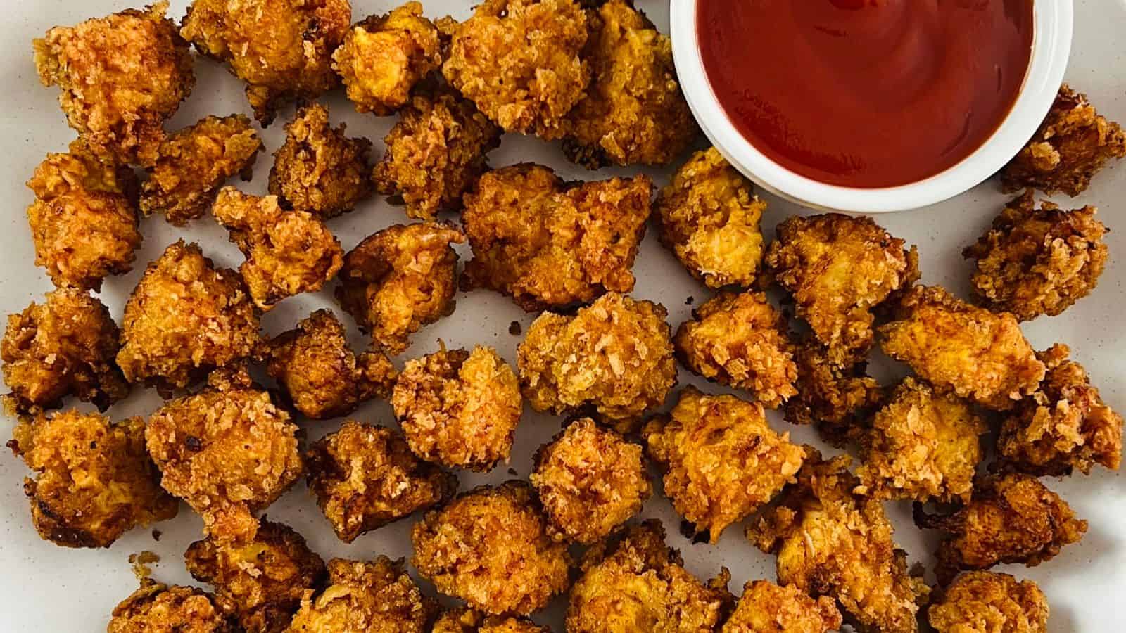 A plate of crispy, golden-brown popcorn chicken pieces next to a small white bowl of red dipping sauce.