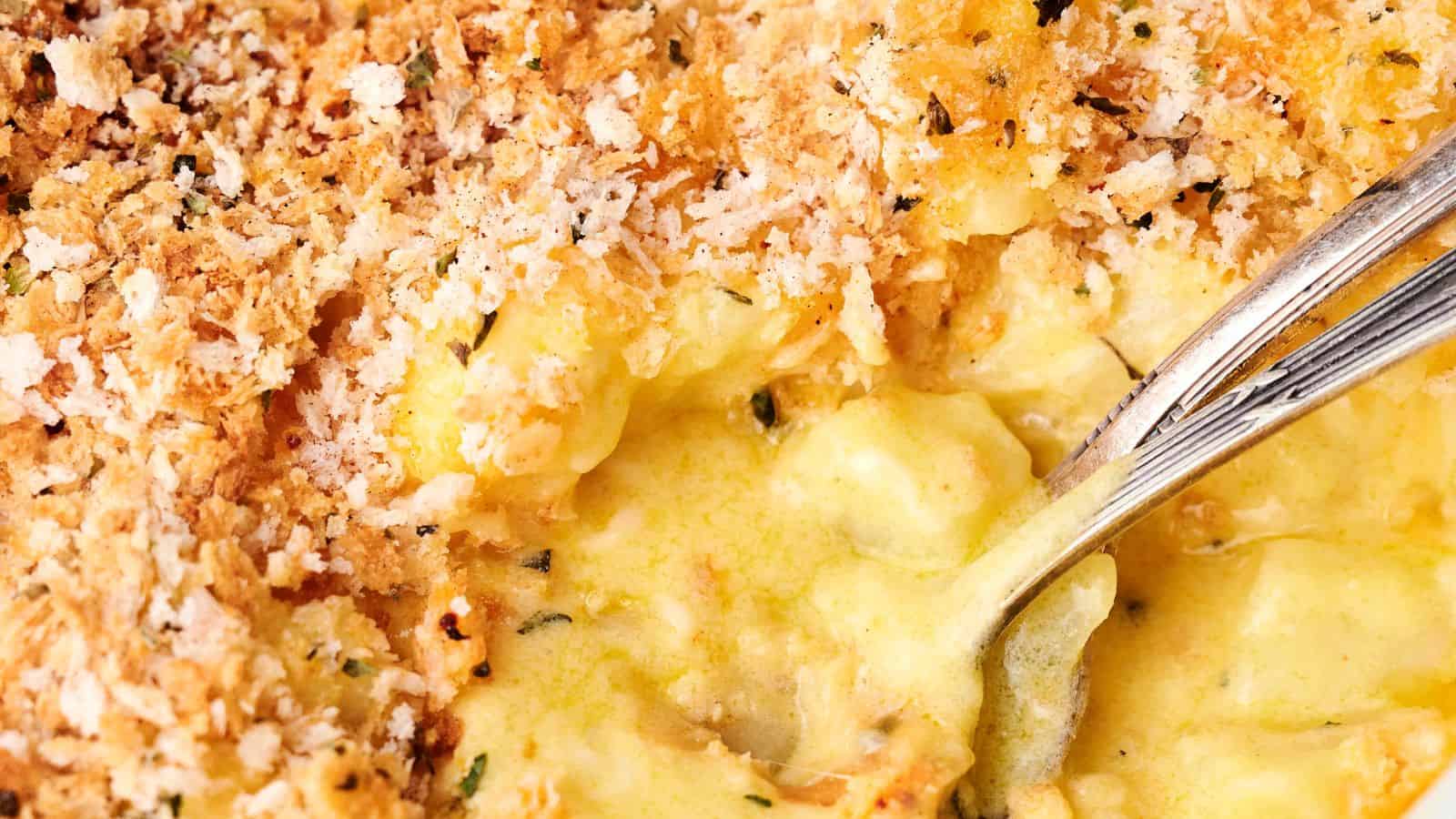 Close-up of a creamy, golden-brown macaroni and cheese dish with a crunchy breadcrumb topping reminiscent of comforting funeral potatoes. A spoon is partially submerged in the cheese sauce.